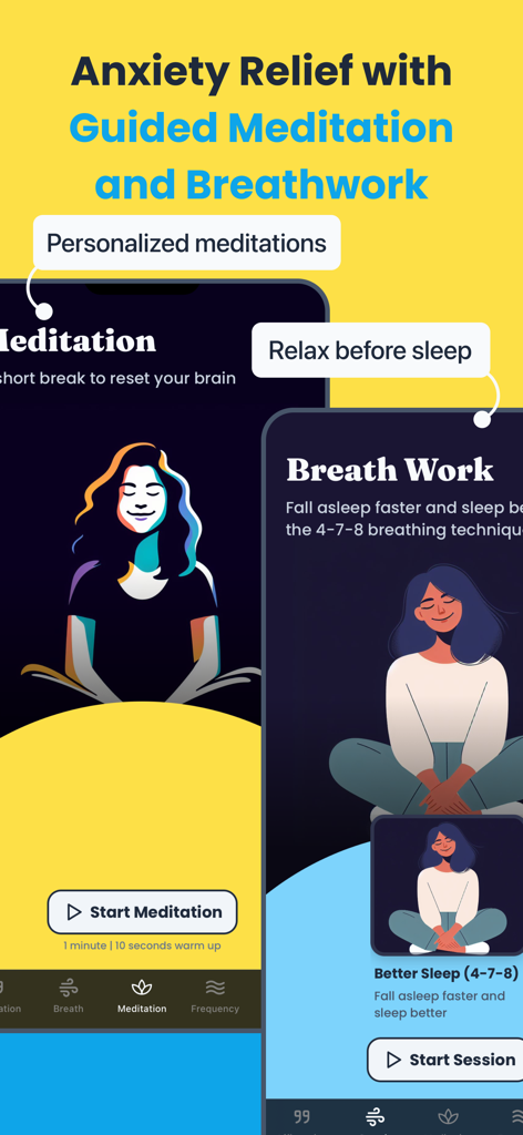 Clarymind app screens showing guided meditation and breathwork for anxiety relief