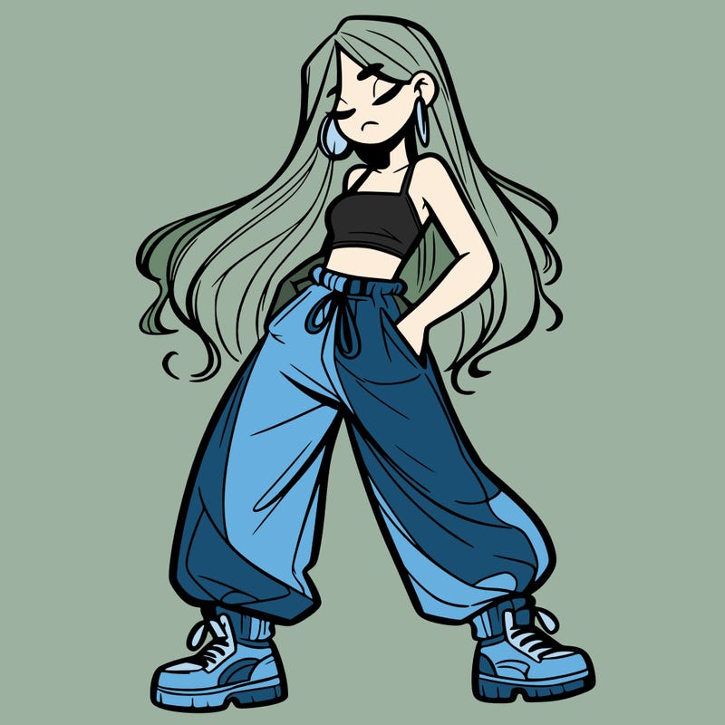 girl in baggy pants crop top and long hair