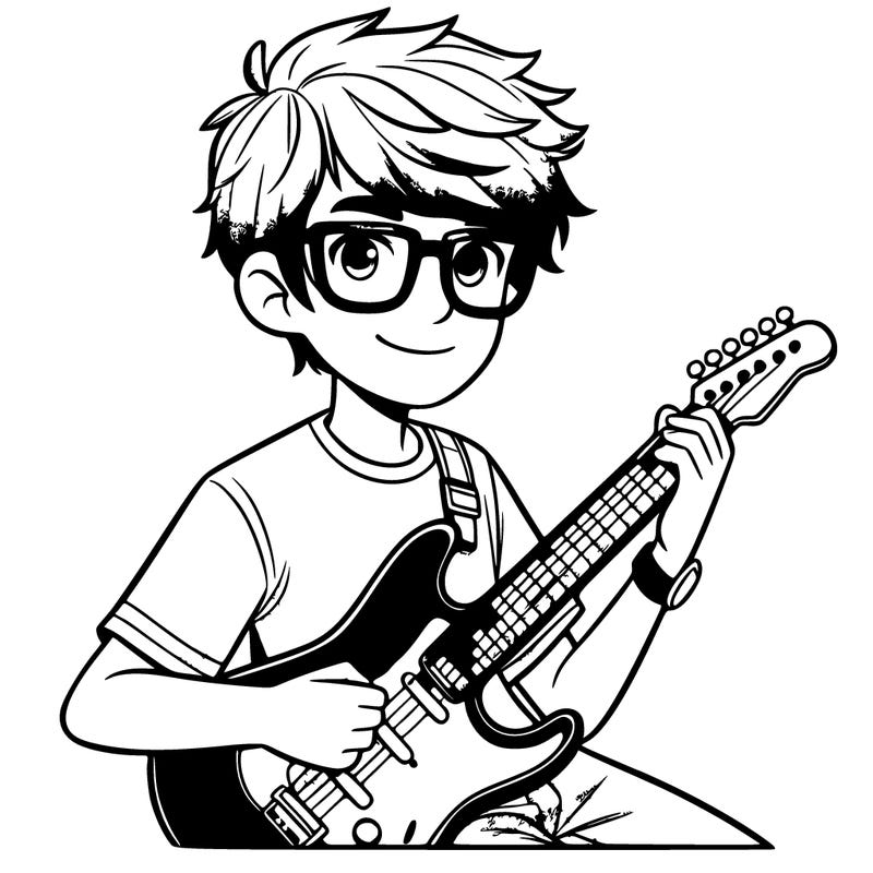 teen boy with brown hair glasses and playing electric guitar