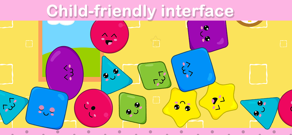 Toddler Games for Kids 2-5 - Colorful geometric shapes with happy faces illustrating a child-friendly interface for toddler learning