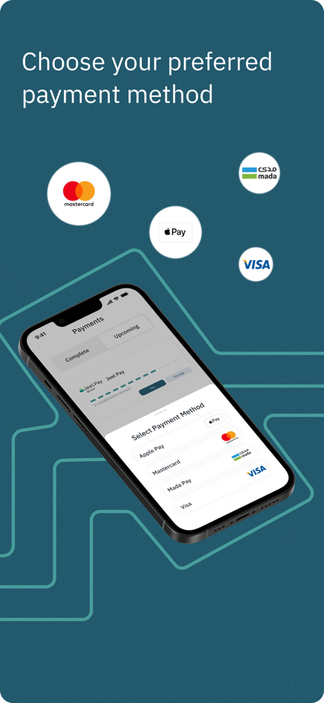 جيل باي | Jeel Pay - Jeel Pay App-Oberfläche zur Auswahl einer bevorzugten Zahlungsmethode, einschließlich Apple Pay und Visa.