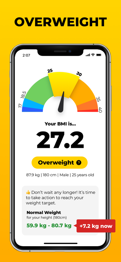 BMI Calculator: Weight Tracker - A smartphone showing a BMI calculator app with a result of 27.2 classified as overweight on a color coded gauge.