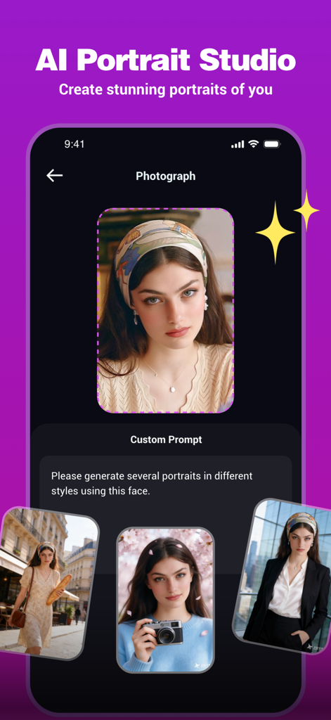 ReVibe: AI Photo & Video Maker - Estúdio de Retratos de IA ReVibe mostrando diversos estilos de retratos gerados a partir de uma única foto