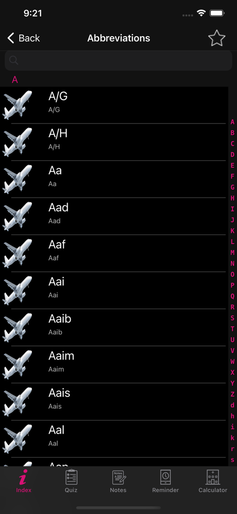 ADP- Aviation Dictionary Prem - Screenshot of the aviation dictionary app showing a list of aeronautical abbreviations and alphabetical navigation menu
