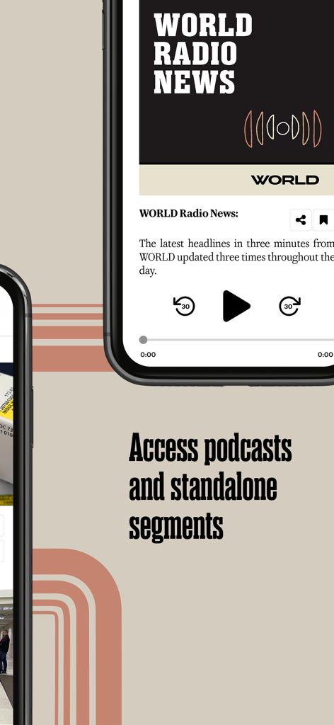 WORLD News Group - World Radio News player interface showing podcast and audio segments