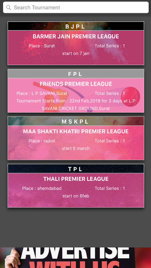 My Cricket App-Local Tournment - Un écran affichant une liste de ligues de cricket locales, dont Barmer Jain et Friends Premier League.