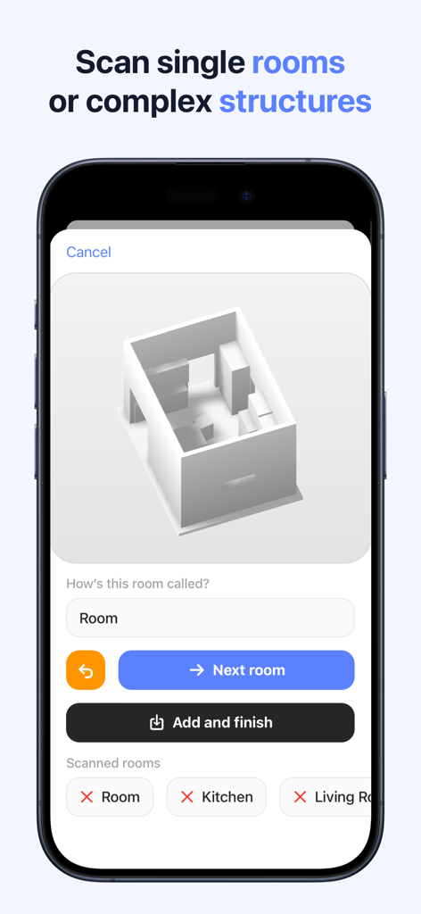 평면도 관리 옵션이 있는 방의 3D 스캔을 보여주는 Room Scanner 인터페이스.