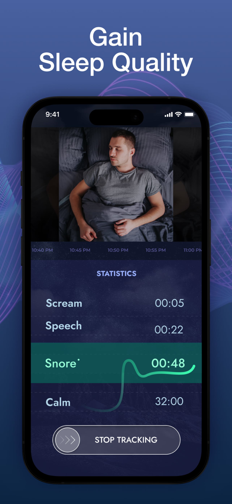 iPhone app interface showing sleep statistics for snoring speech and scream detection