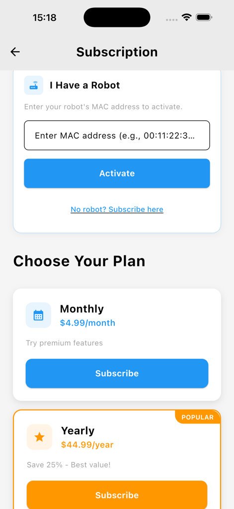 AI-AstroBot - Tela de assinatura do aplicativo AI AstroBot mostrando ativação de dispositivo e opções de pagamento mensal ou anual
