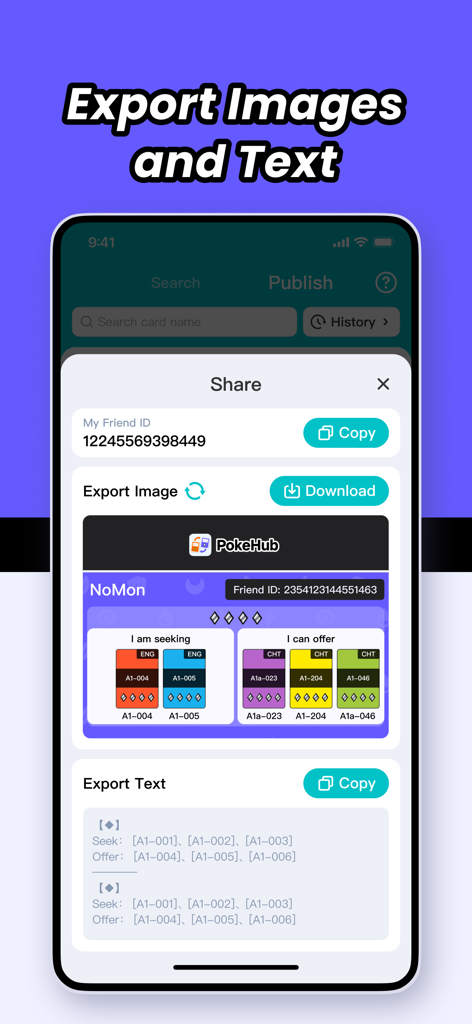 PokeHub - for TCG Pocket - Interfaccia che mostra come esportare e condividere le liste di scambio di carte nell'app PokeHub