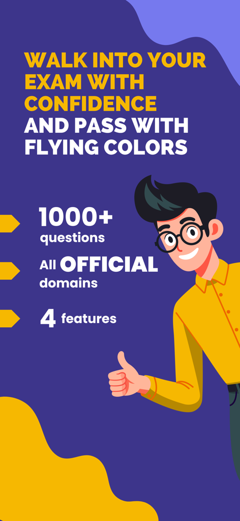 Principles of Management Prep - Promotional screen for Principles of Management Prep app featuring a student character and statistics about exam practice questions