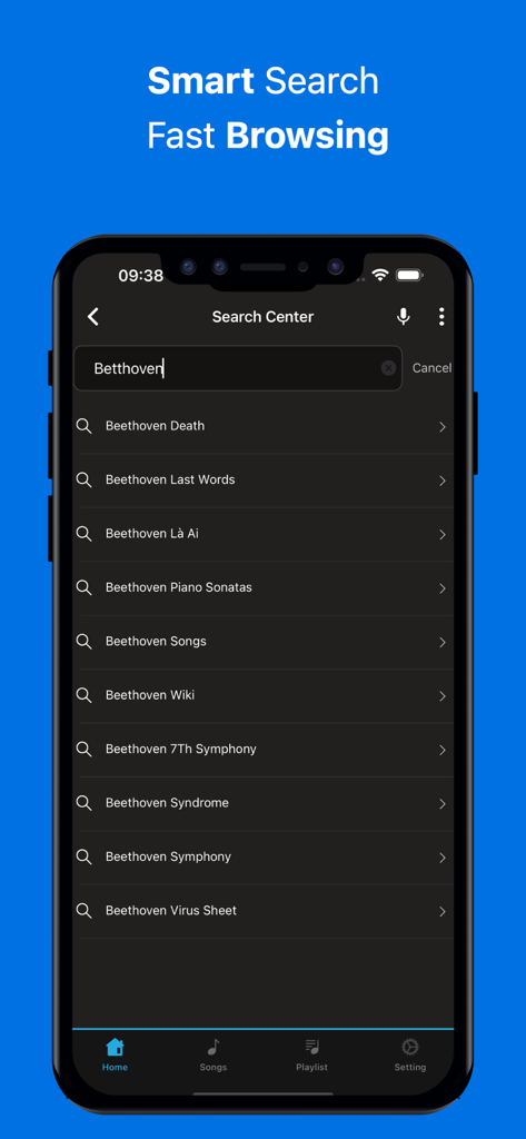 Music Player ๏ Unlimited MP3 - Captura de pantalla de la aplicación Reproductor de Música mostrando la función de búsqueda inteligente con resultados para Beethoven