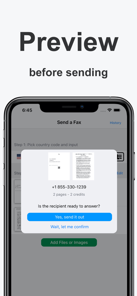 iPhone screen showing a preview of documents and a fax number before sending with FaxGun