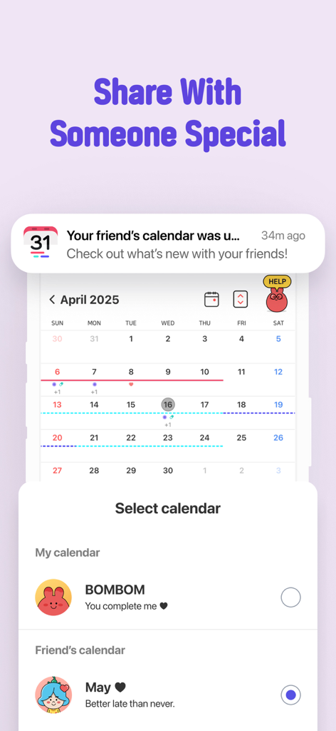 A screenshot of the Bom Calendar app displaying the feature to share a period tracker and schedule with a partner or friend