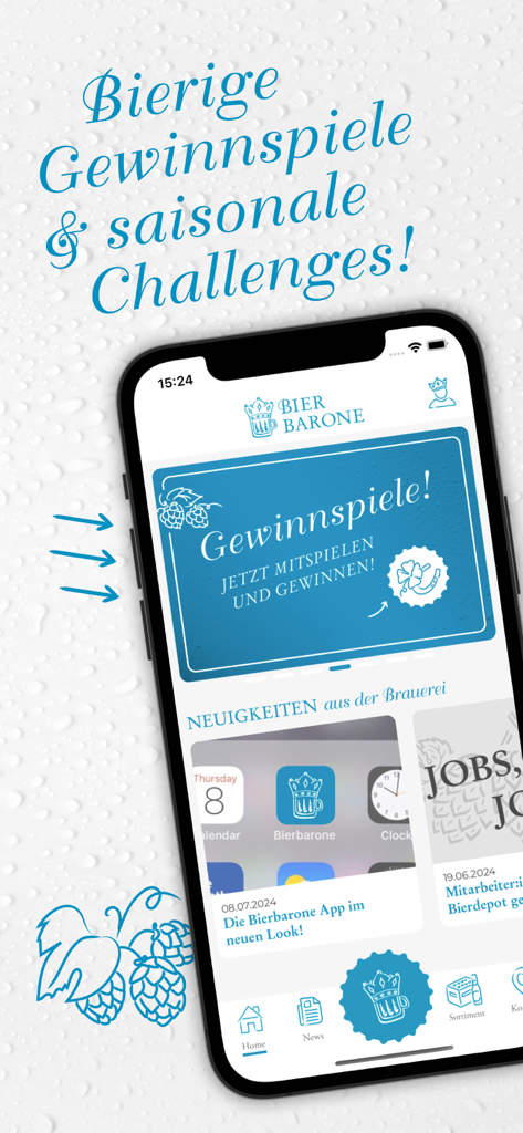 Um smartphone exibindo a tela do aplicativo Bierbarone com seções para sorteios de cerveja e notícias da cervejaria.