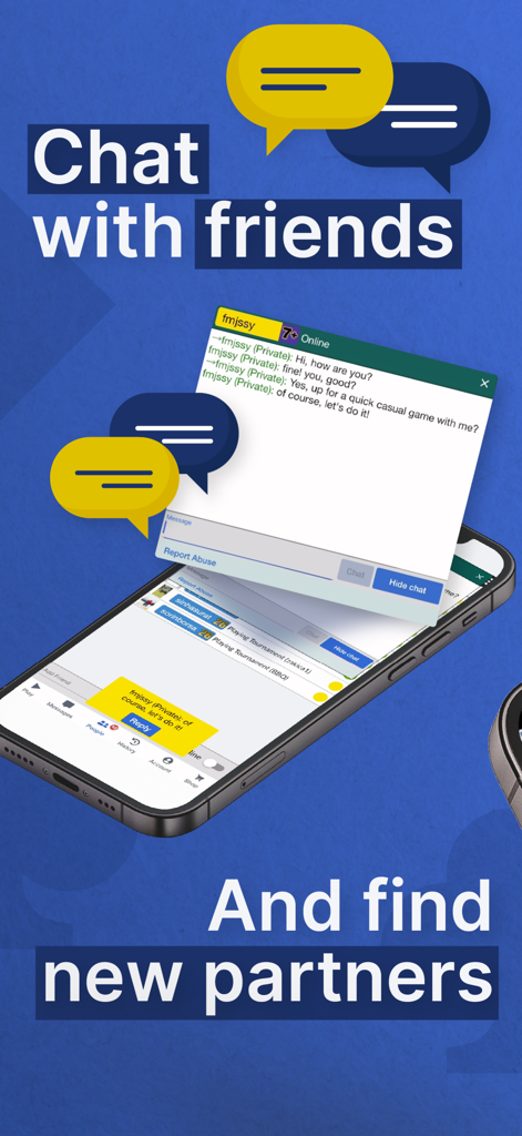 Bridge Base Online - BBO - Una pantalla móvil de Bridge Base Online mostrando las funciones de chat y búsqueda de amigos.