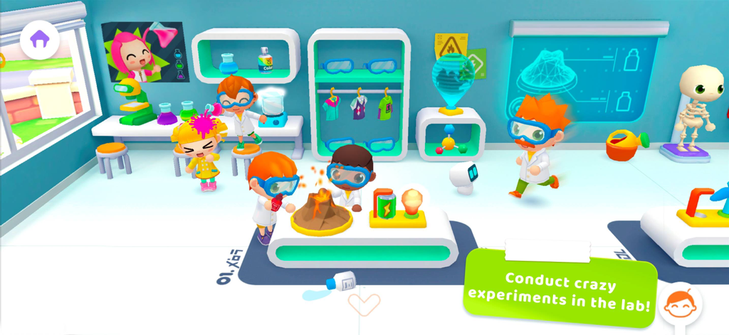 Personajes infantiles realizando divertidos experimentos científicos en un colorido laboratorio escolar