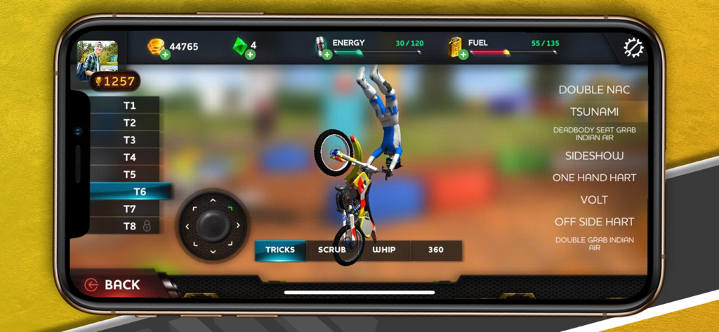 TiMX: This is Motocross - A freestyle motocross rider performing an upside down stunt in the TiMX This is Motocross mobile game