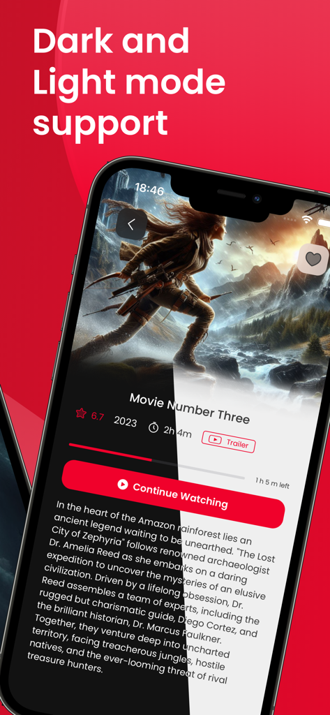 IPTV UPlayer App-Oberfläche, die Unterstützung für dunkle und helle Modi auf einem Smartphone anzeigt