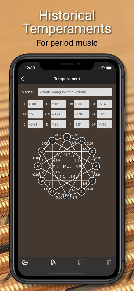 PianoMeter – Piano Tuner - Interfaz de la aplicación PianoMeter que muestra la configuración de temperamento histórico con un gráfico de afinación geométrico para música de época.