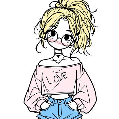 girl with a messy ponytail glasses a baggy crop top and jean shorts