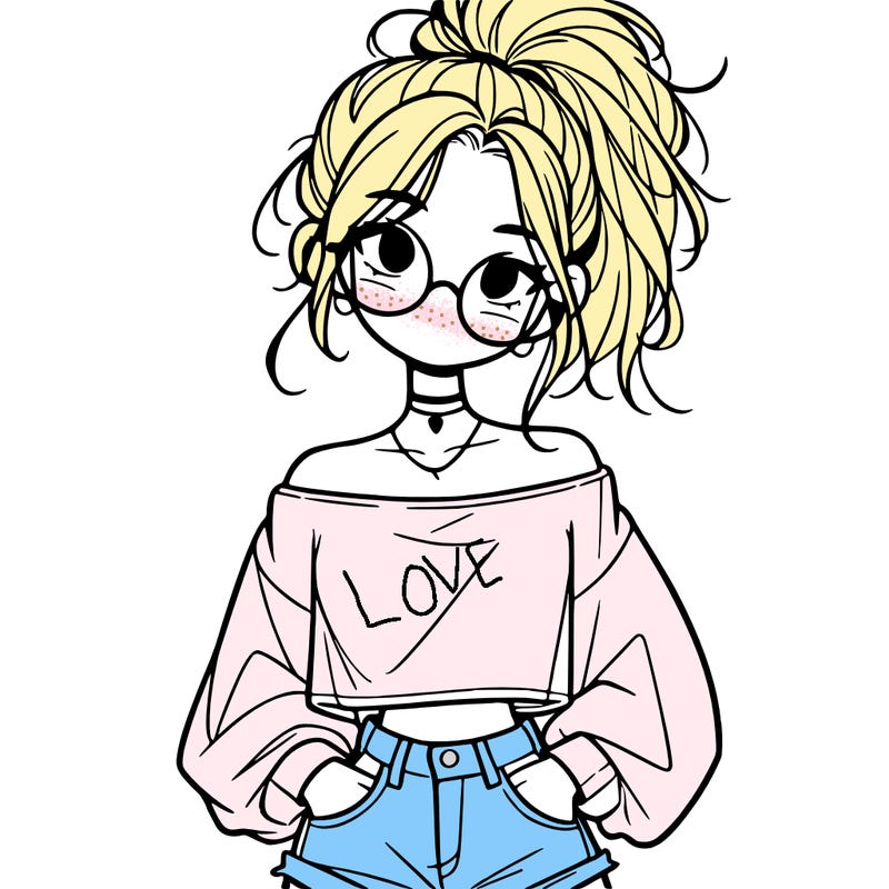 girl with a messy ponytail glasses a baggy crop top and jean shorts
