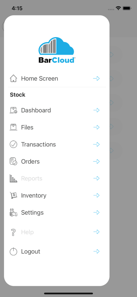 BarCloud mobile app navigation menu showing options for stock dashboard transactions and inventory tracking