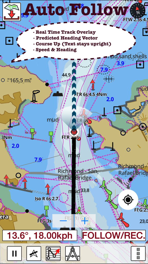 The i-Boating app interface displaying a nautical map with the Auto Follow feature enabled showing real-time track overlay and heading data.