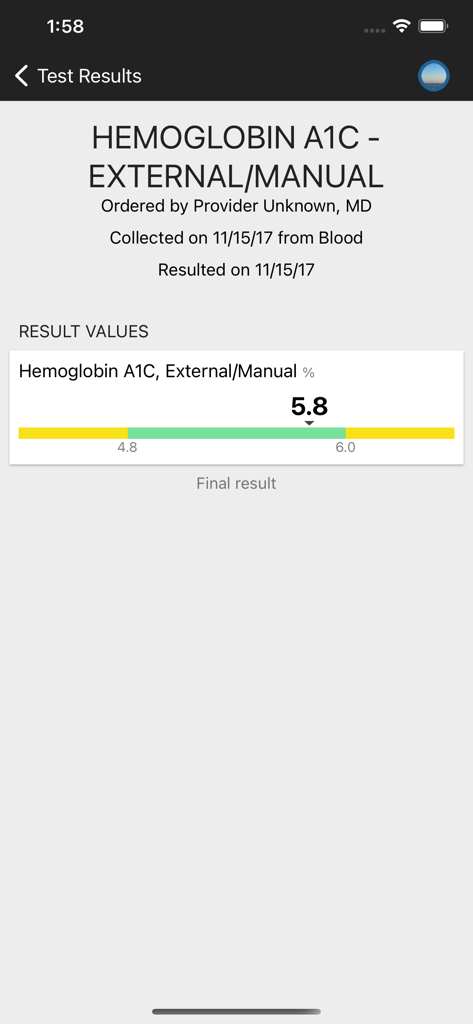 Sutter Health My Health Online - ヘモグロビンA1Cの検査結果が5.8%であることを表示しているSutter Health My Health Onlineアプリ