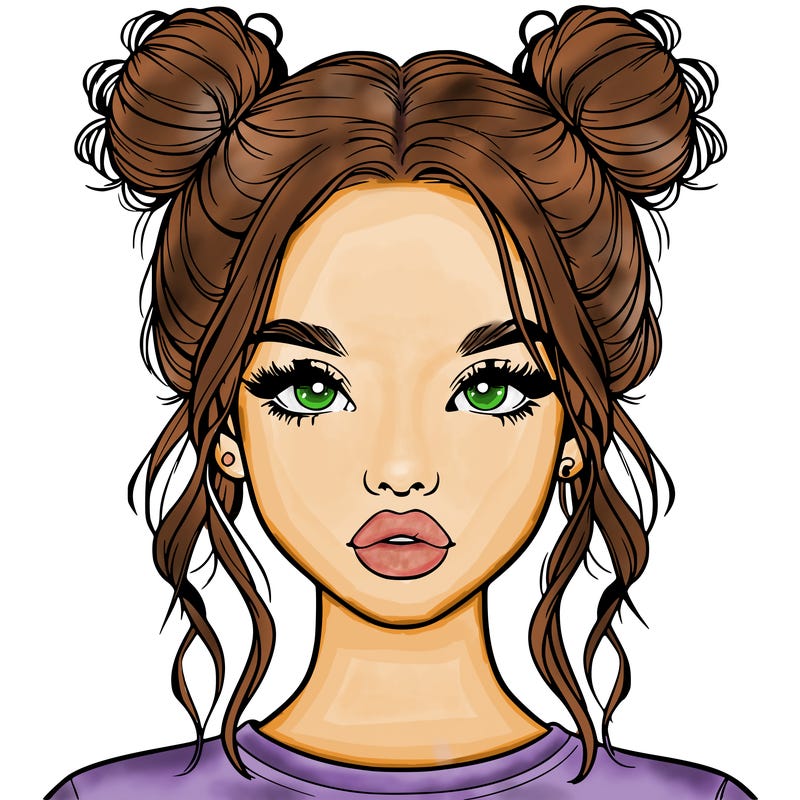 realistic girl with two buns in hair and lips