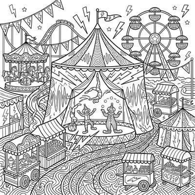 Dive into the electrifying atmosphere of our Echoing Thunder Carnival coloring page, where the festive fairground meets dynamic sound wave patterns. This intricate design promises hours of creative fun as you bring life to circus acts, thrilling rides, and bustling stalls.