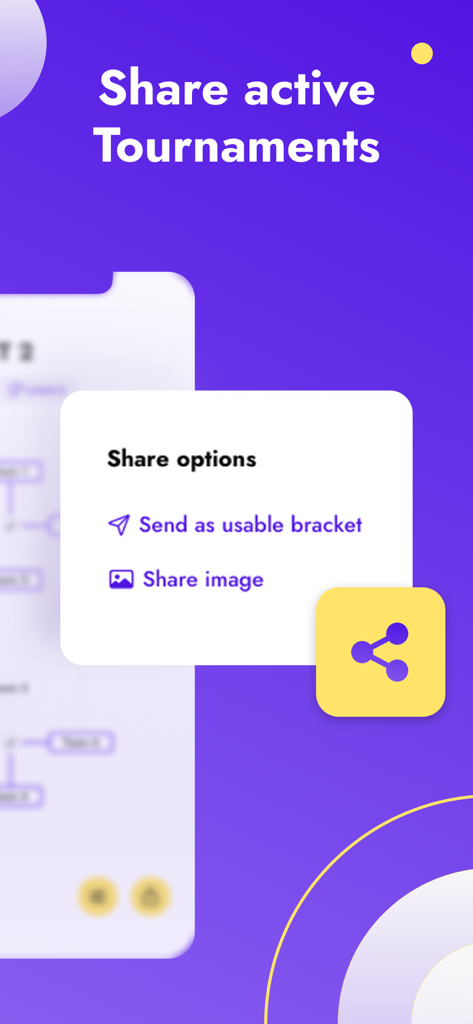 Interfaccia che mostra le opzioni di condivisione per i bracket di torneo, inclusa l'invio come file utilizzabile o la condivisione come immagine