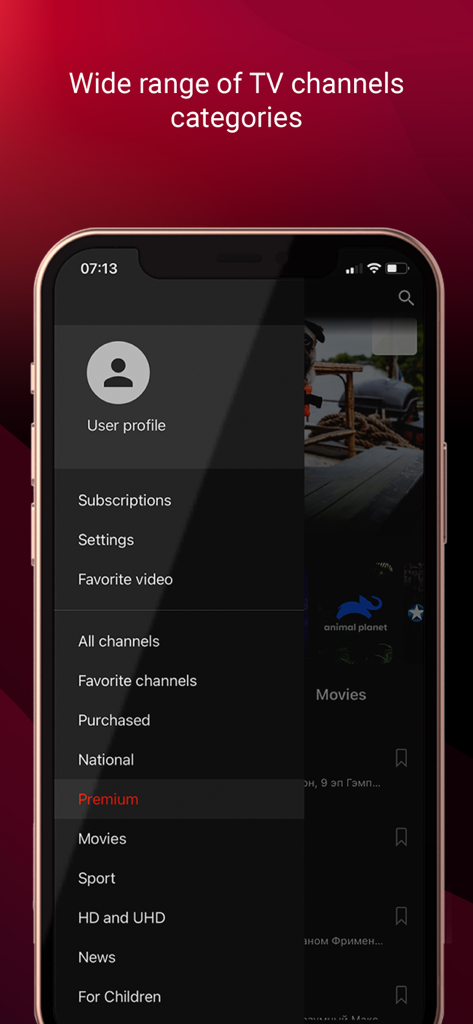 youtv — online TV and movies - Pantalla de smartphone mostrando el menú lateral de la app youtv con varias categorías de canales como películas, deportes y noticias