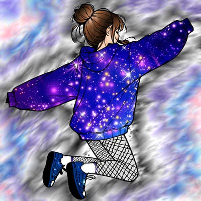 realistic girl jumping with a bun and oversized sweatshirt