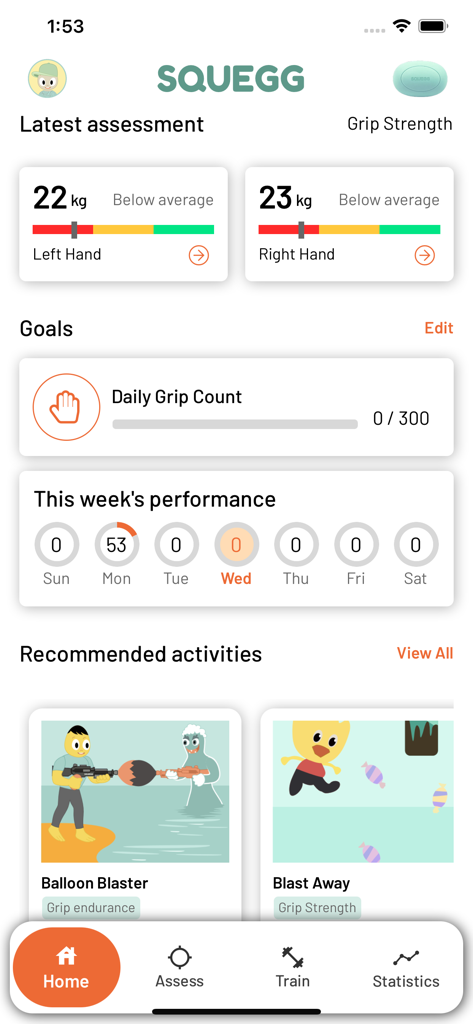 SQUEGG - SQUEGG app home screen showing hand grip strength metrics daily goals and recommended training games