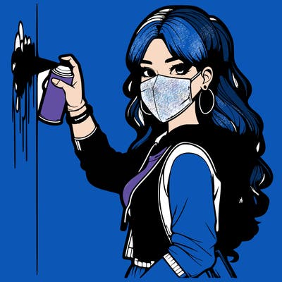 realistic girl with mask spray painting a wall
