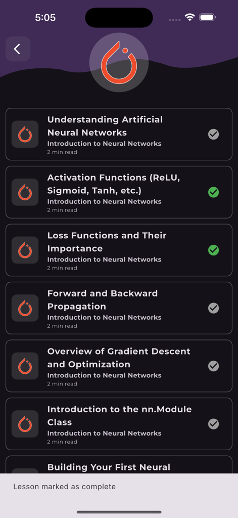Learn Pytorch - Una lista de tutoriales sobre redes neuronales en la aplicación móvil Learn PyTorch que muestra el progreso de las lecciones.