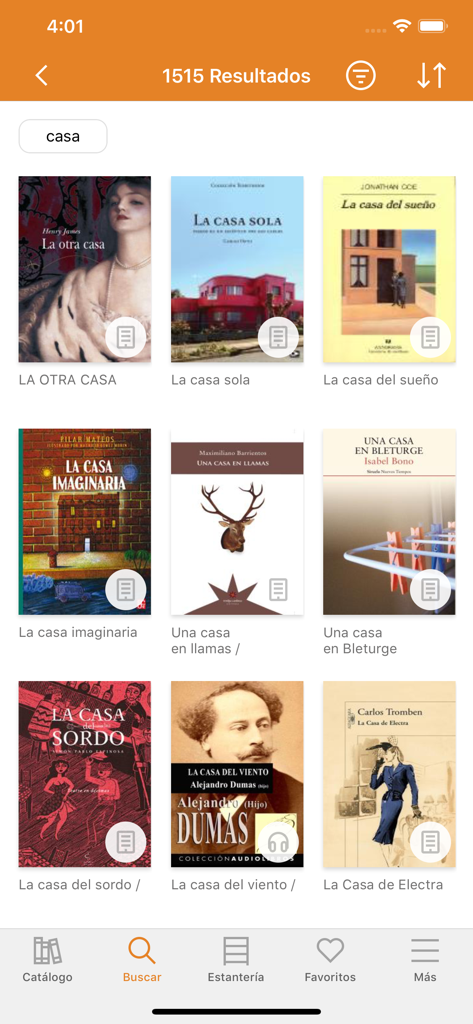 Search results for casa in the BPDigital app displaying Spanish ebooks and audiobooks.