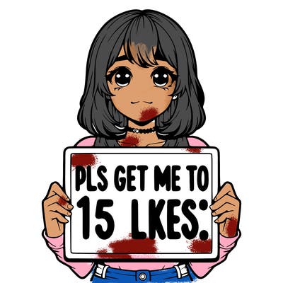 realistic girl holding up a sign that says “pls get me to 15 likes!”