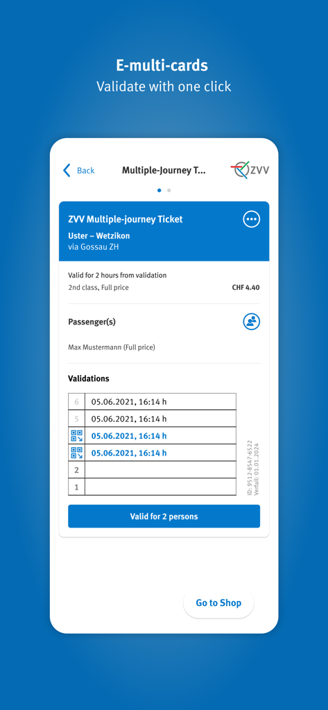 A mobile interface for the ZVV app displaying an e-multi-card ticket with validation history for Zurich public transport.