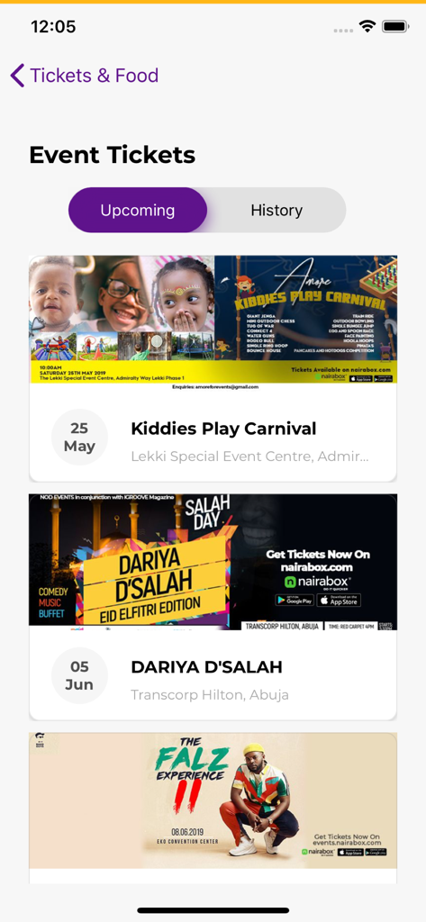 FCMB Mobile - Event tickets section of the FCMB Mobile app listing upcoming Nigerian events and concerts