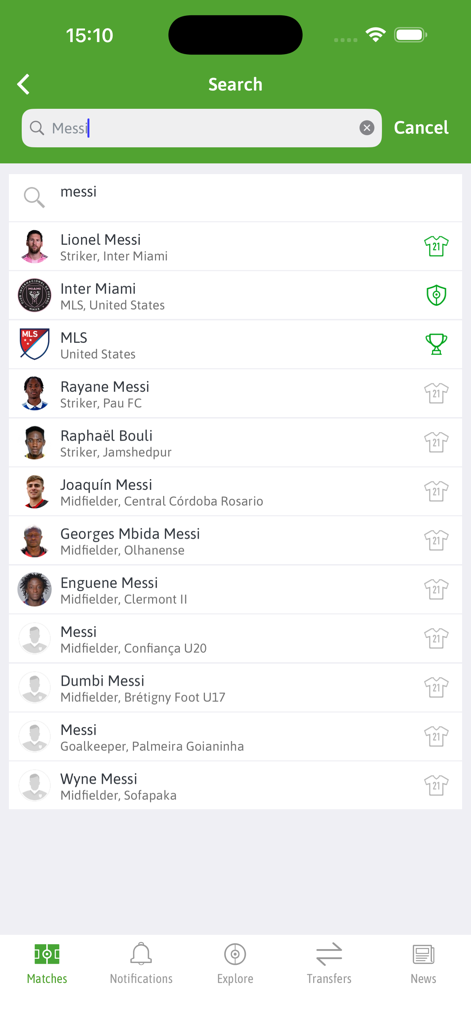 BeSoccer Plus - BeSoccer Plus app search interface showing results for Lionel Messi and Inter Miami