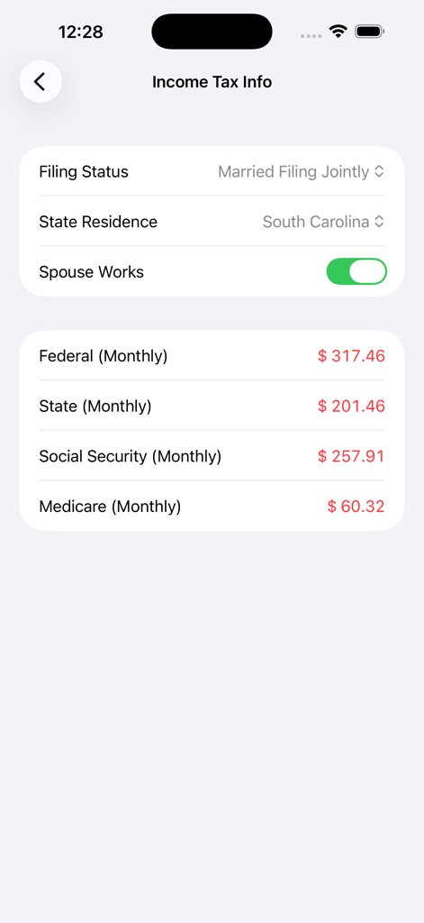 Income tax calculation screen showing federal and state monthly estimates for military personnel