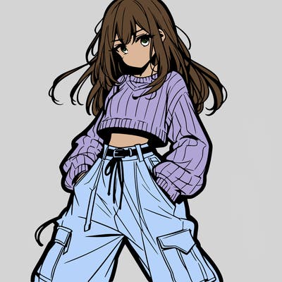 anime teen girl with baggy pants and crop top with sweater