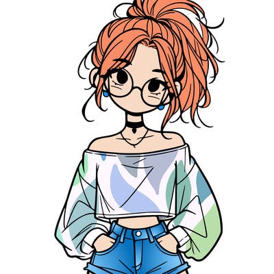 girl with a messy ponytail glasses a baggy crop top and jean shorts