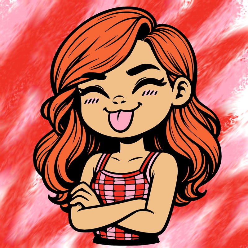 realistic girl crossing her arms and wearing a tank top with her tongue held out she has long hair