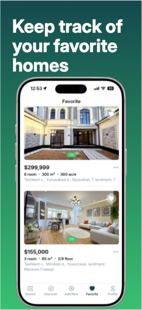Makon - Makon app interface showing a list of favorite homes with prices and photos