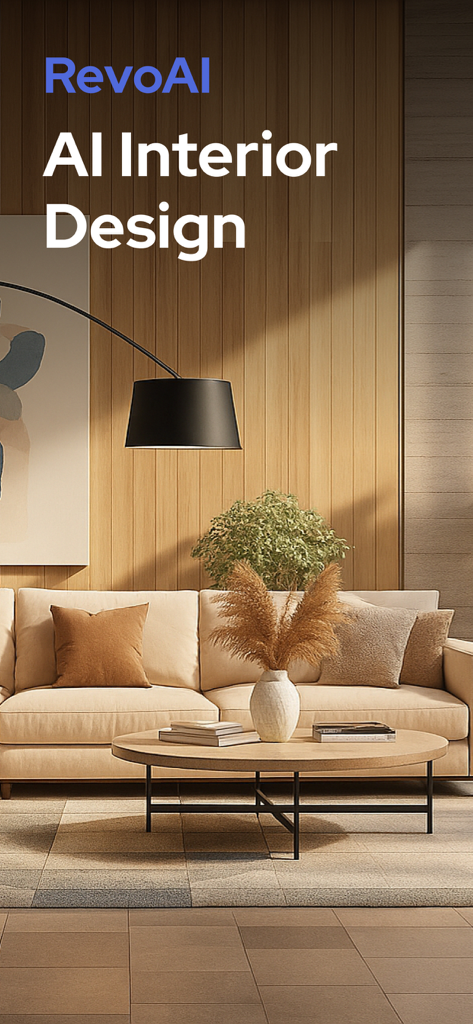 Designer Ai: Room, House Decor - Modern living room with beige sofa and wood paneled walls designed by RevoAI interior design app.