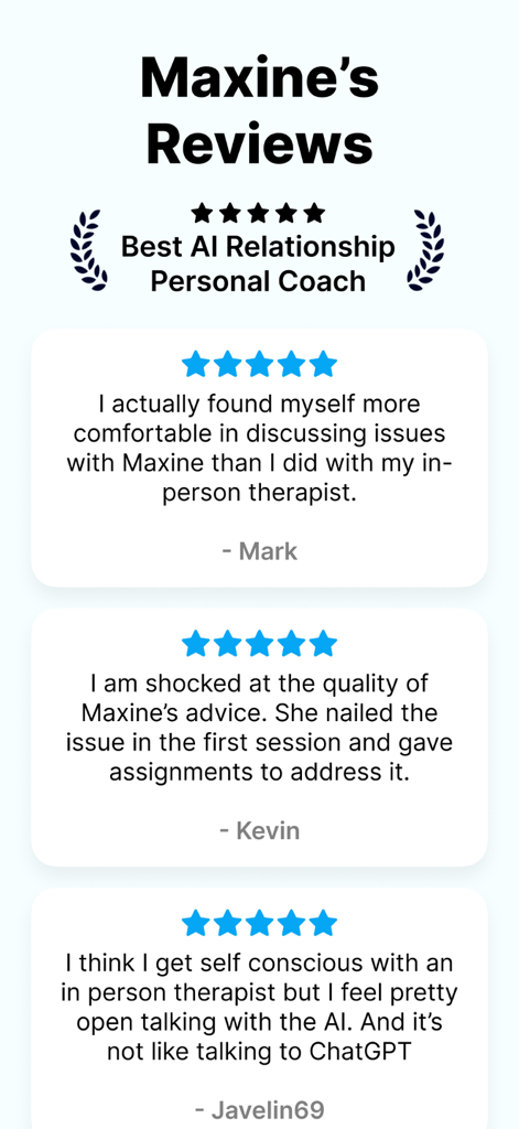 CoupleWork: AI Couples Therapy - Customer testimonials for Maxine the AI relationship coach showing five star ratings and positive user feedback.