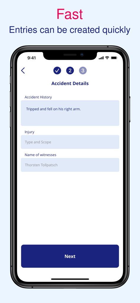 Accident book - Accident book mobile app screen showing digital incident reporting fields for workplace accident history and witness names